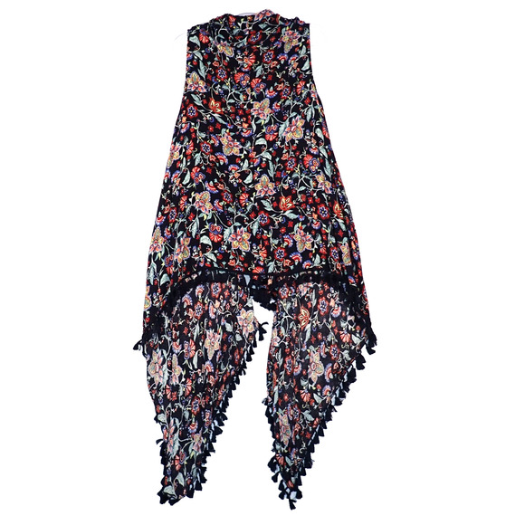 Cato 22/24W Open Front Waterfall Black Floral Tassels Plus Size Cardigan Vest - Picture 3 of 8